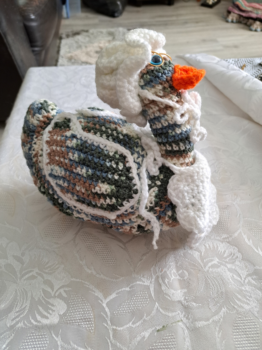 Vintage Handmade White Crochet Duck Plush with Orange Beak